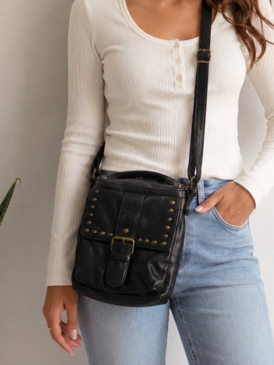 Sandwich Handbags - Black Cross Body Bag, Gold Accents